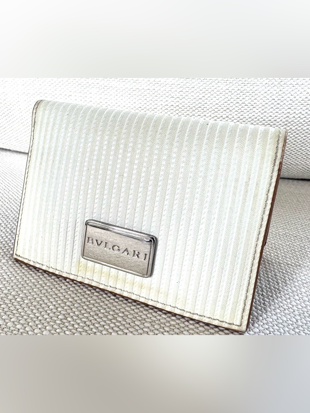 BVLGARI Ivory Ribbed Leather Card Case Wallet Italy